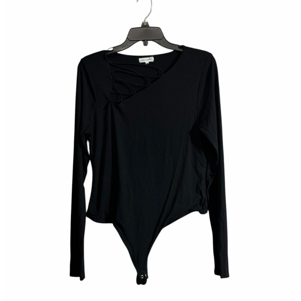 Good American Small Black Bodysuit  Thong Long Sleeve Strappy Cut Out